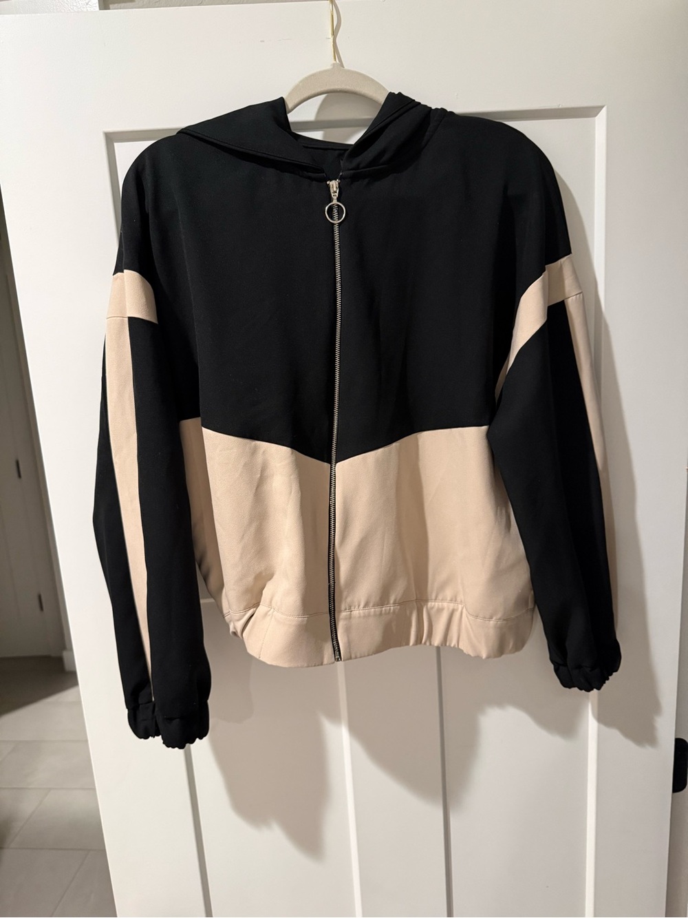 Zara Black and Cream Colorblock Bomber Hoodie Jacket